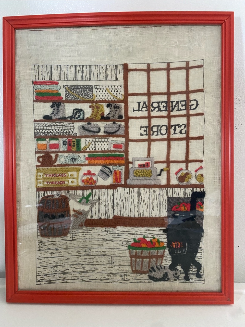 70s Caron Crewel Embroidery Framed Wall Art Country General Store
